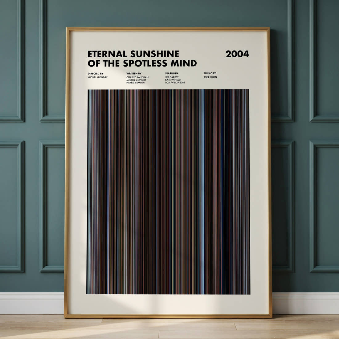 Eternal Sunshine Of The Spotless Mind Movie Barcode Poster framed and leaning against a panelled wall
