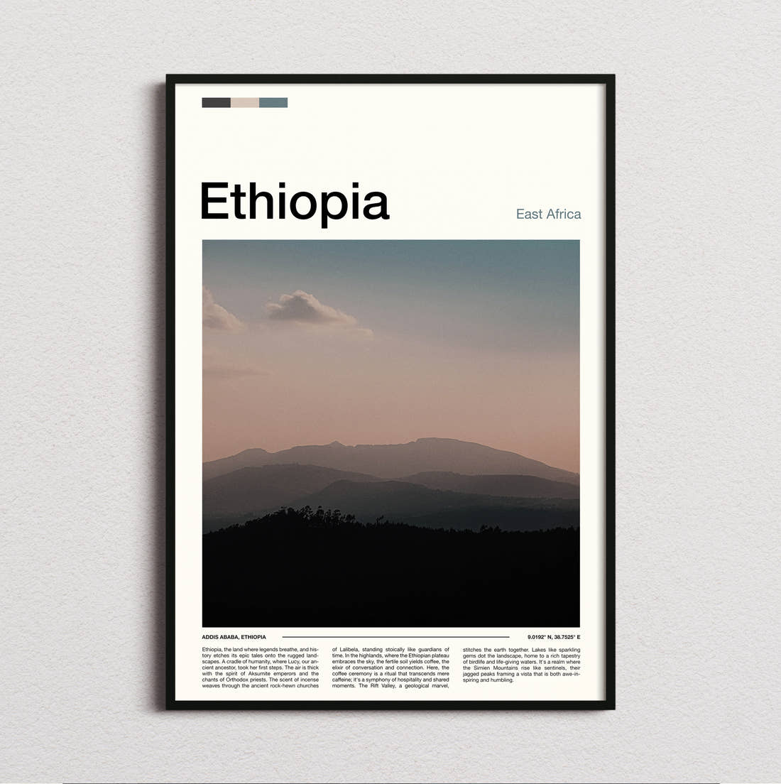Ethiopia Hazy Mountain Silhouettes Travel Print framed and photographed straight on