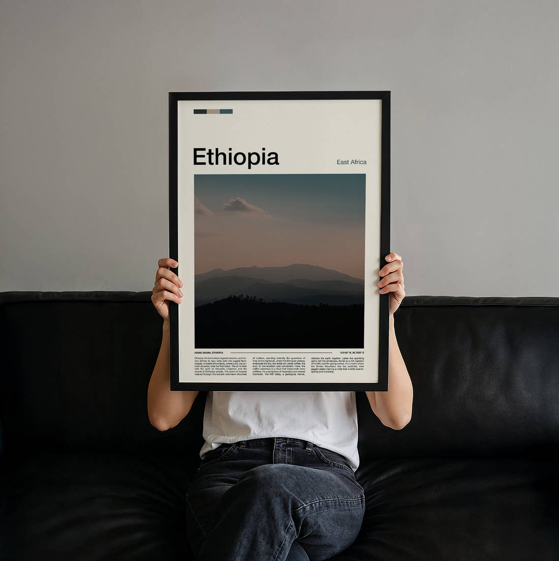 Ethiopia Hazy Mountain Silhouettes Travel Print held up by hand to show the size of the print