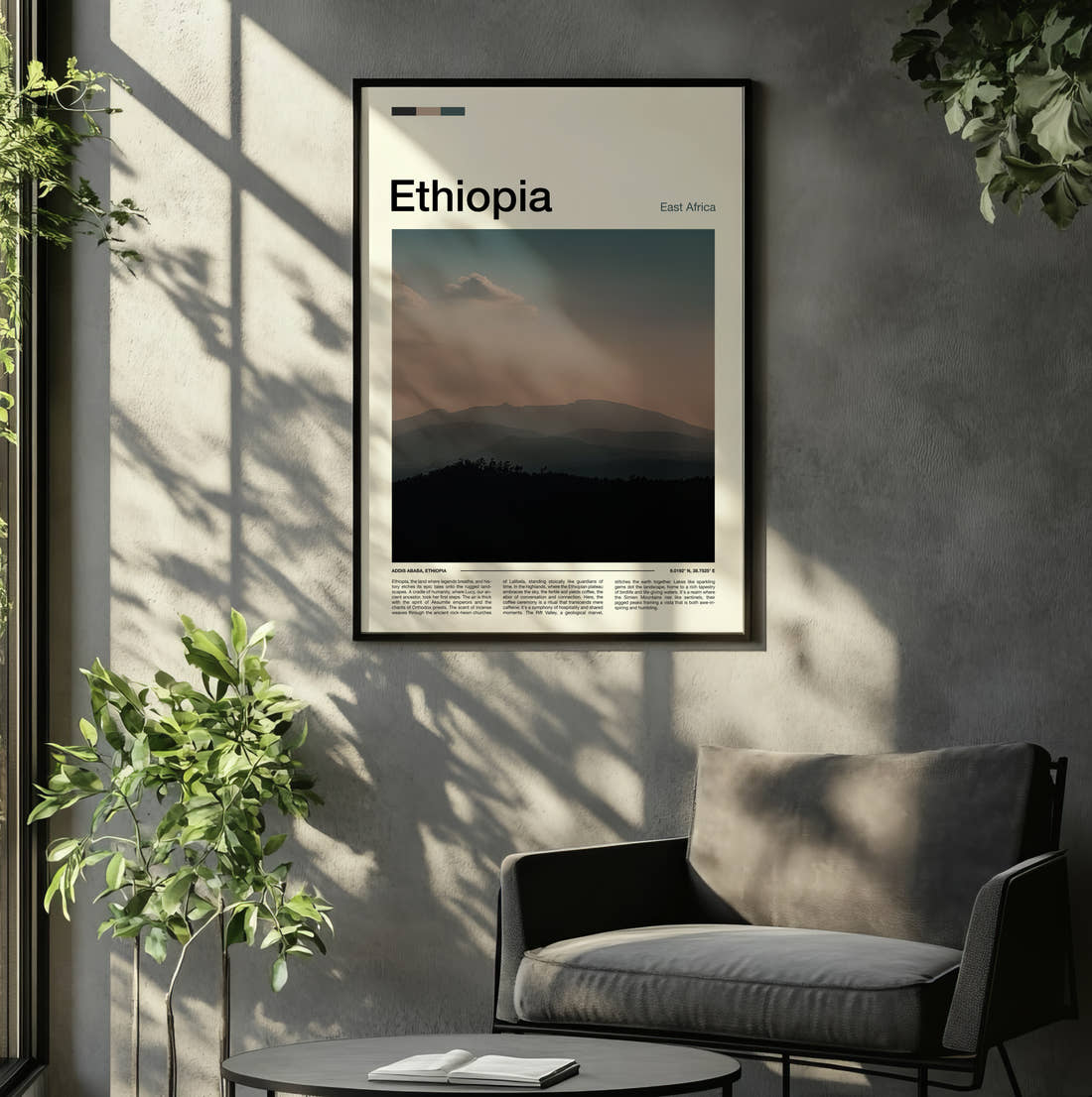 Ethiopia Hazy Mountain Silhouettes Travel Print framed on the wall of a relaxed living room