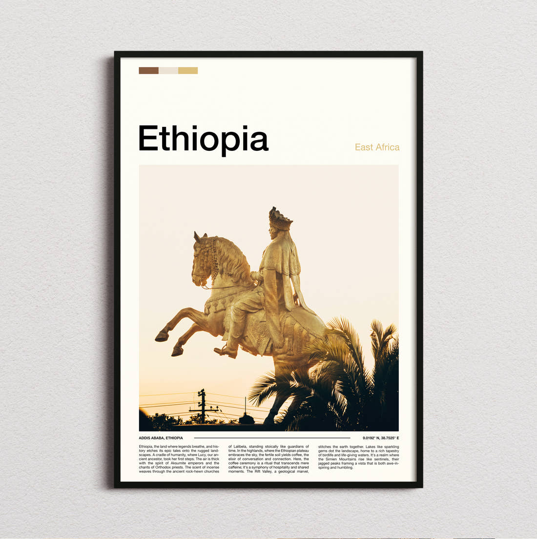 Ethiopia Golden Equestrian Statue Travel Print framed and photographed straight on