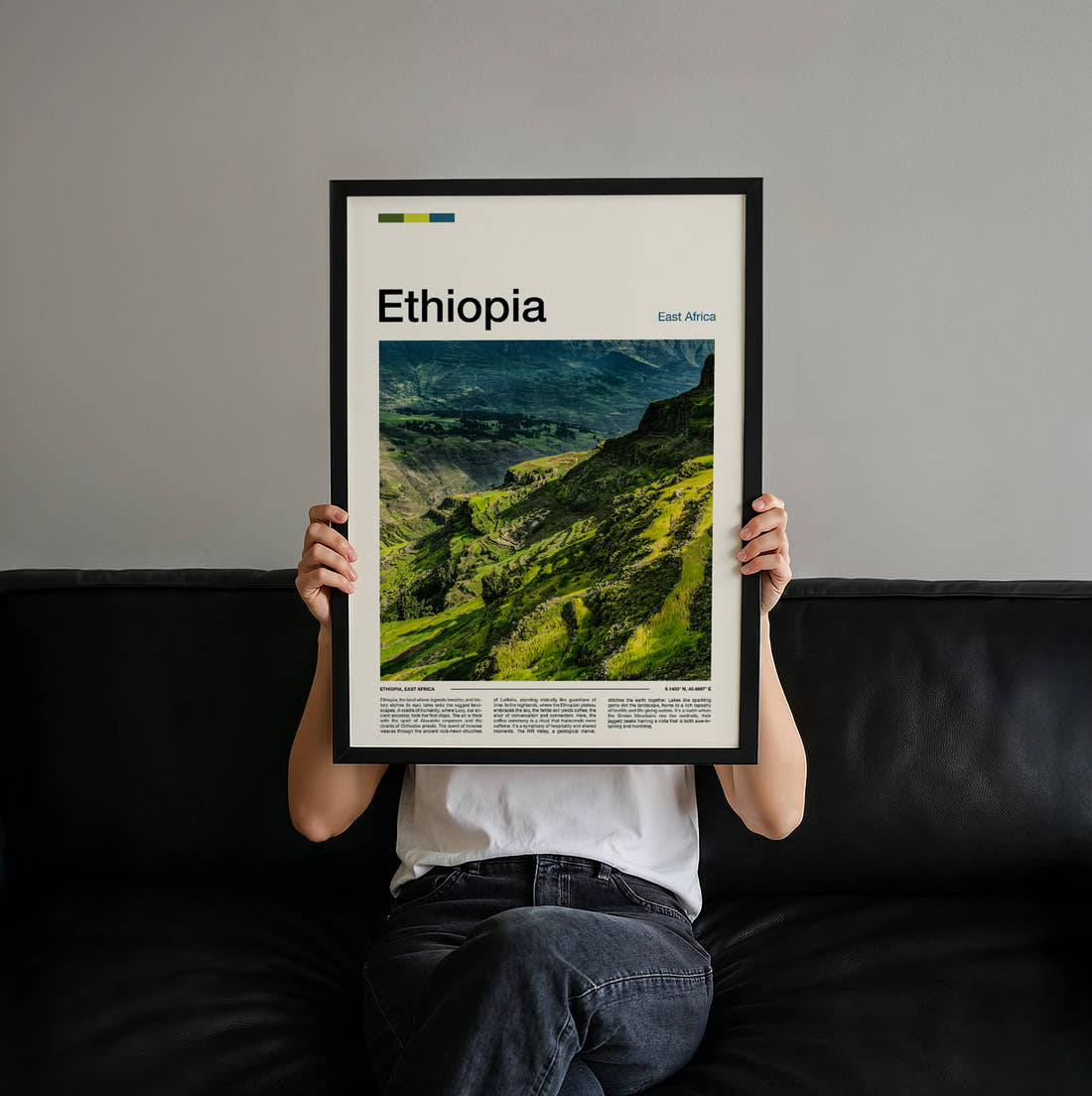 Ethiopia Green Mountain Valley Travel Print held up by hand to show the size of the print