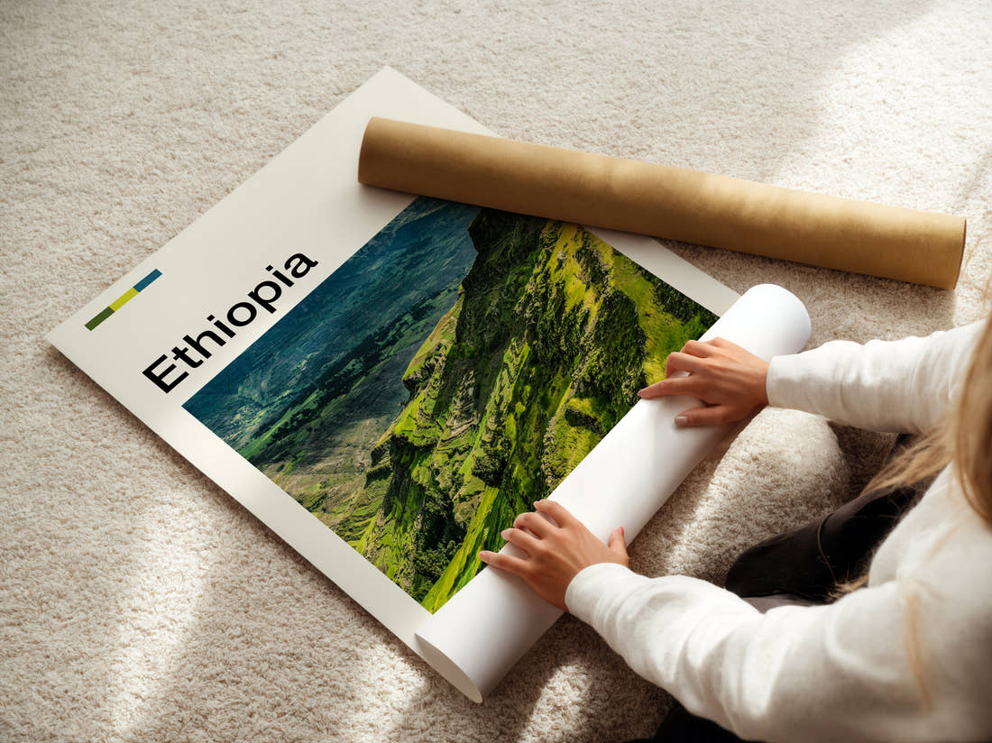 Ethiopia Green Mountain Valley Travel Print being unrolled from its postal tube