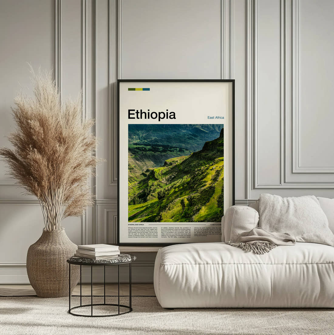 Ethiopia Green Mountain Valley Travel Print framed on the wall of a calm, neutral bedroom