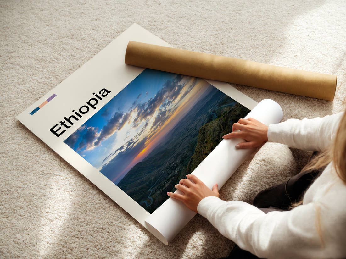 Ethiopia Sunset Over The Hills Travel Print being unrolled from its postal tube