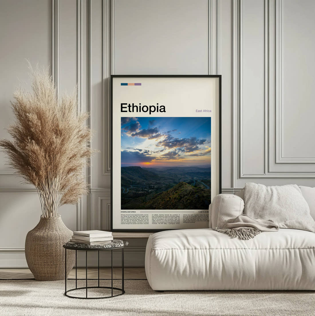 Ethiopia Sunset Over The Hills Travel Print framed on the wall of a calm, neutral bedroom
