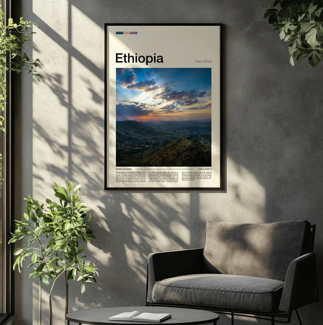 Ethiopia Sunset Over The Hills Travel Print framed on the wall of a relaxed living room
