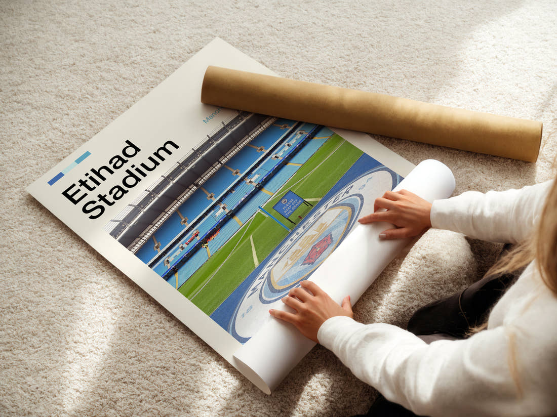 Etihad Stadium Print being unrolled from its postal tube