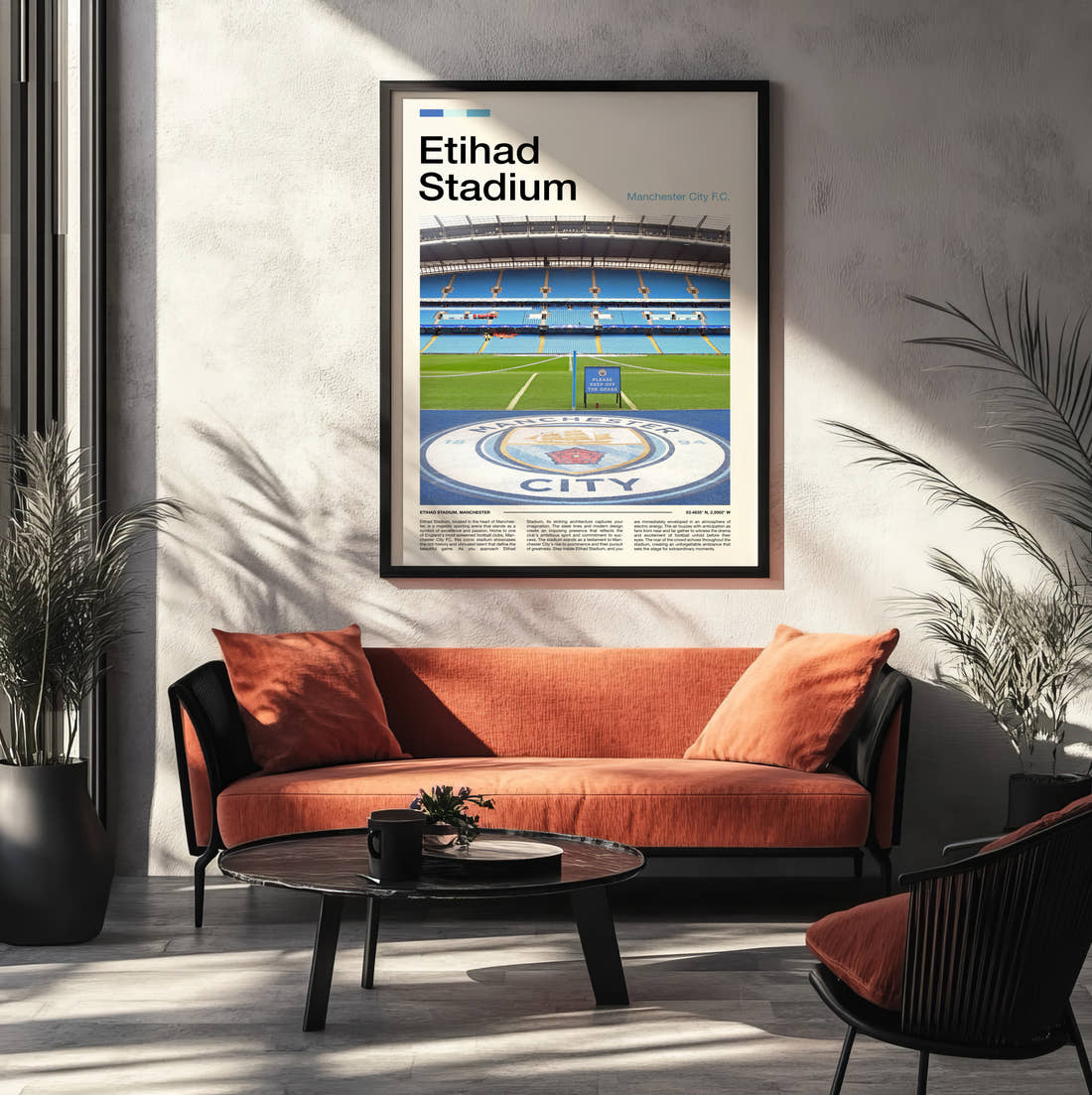 Etihad Stadium Print framed on the wall of a modern living room