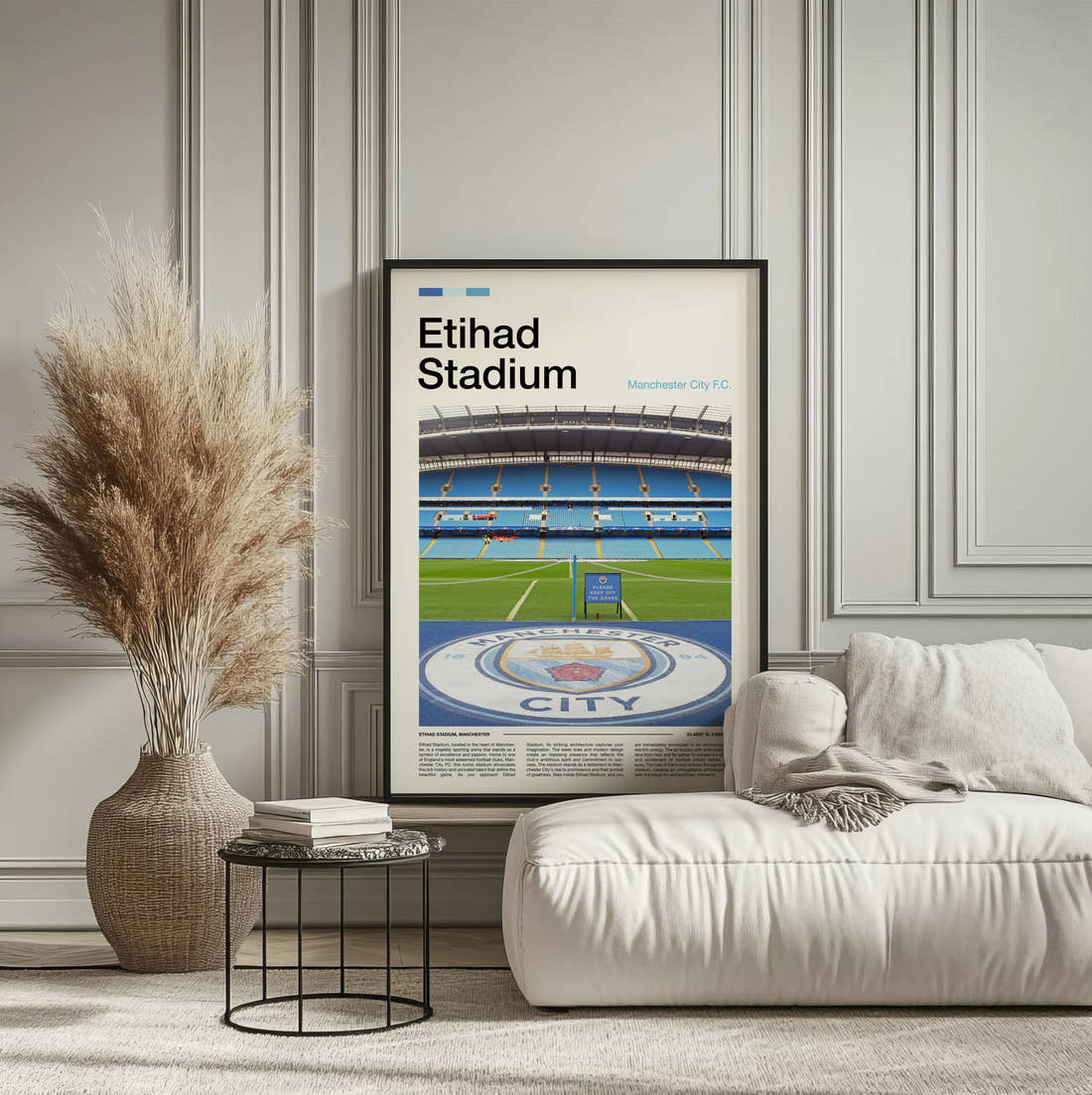 Etihad Stadium Print framed on the wall of a calm, neutral bedroom