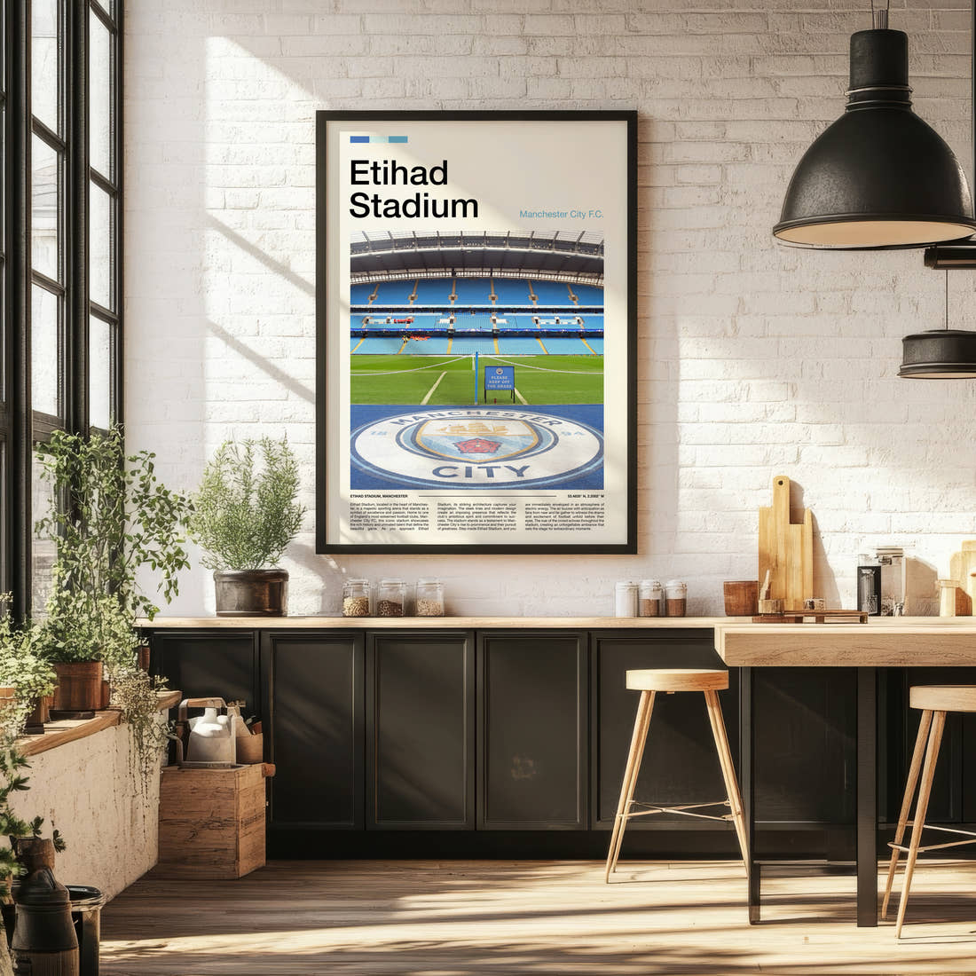 Etihad Stadium Print framed on the wall of a bright kitchen and dining space