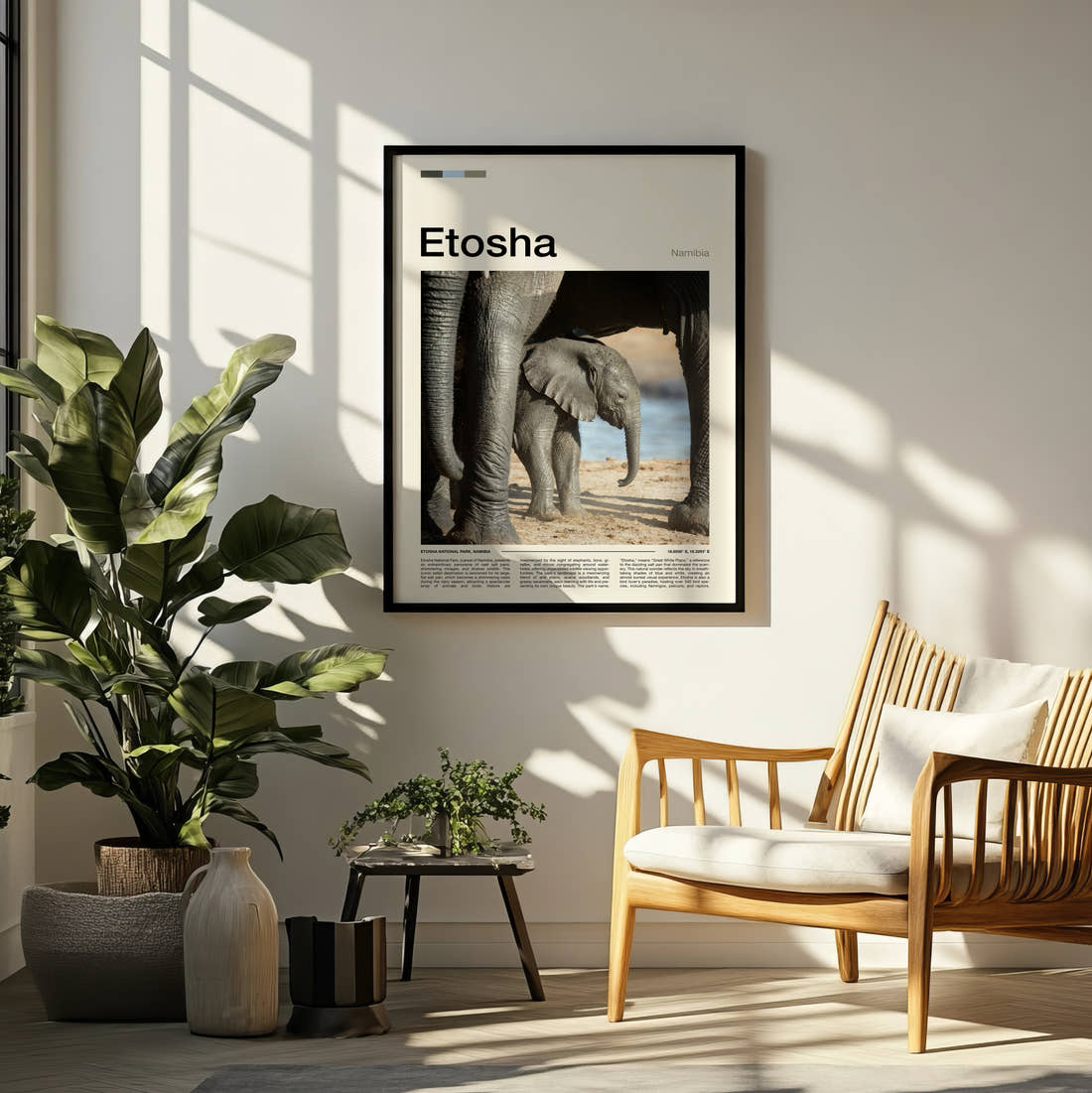 Etosha Baby Elephant Travel Print framed on a pale wall beside houseplants