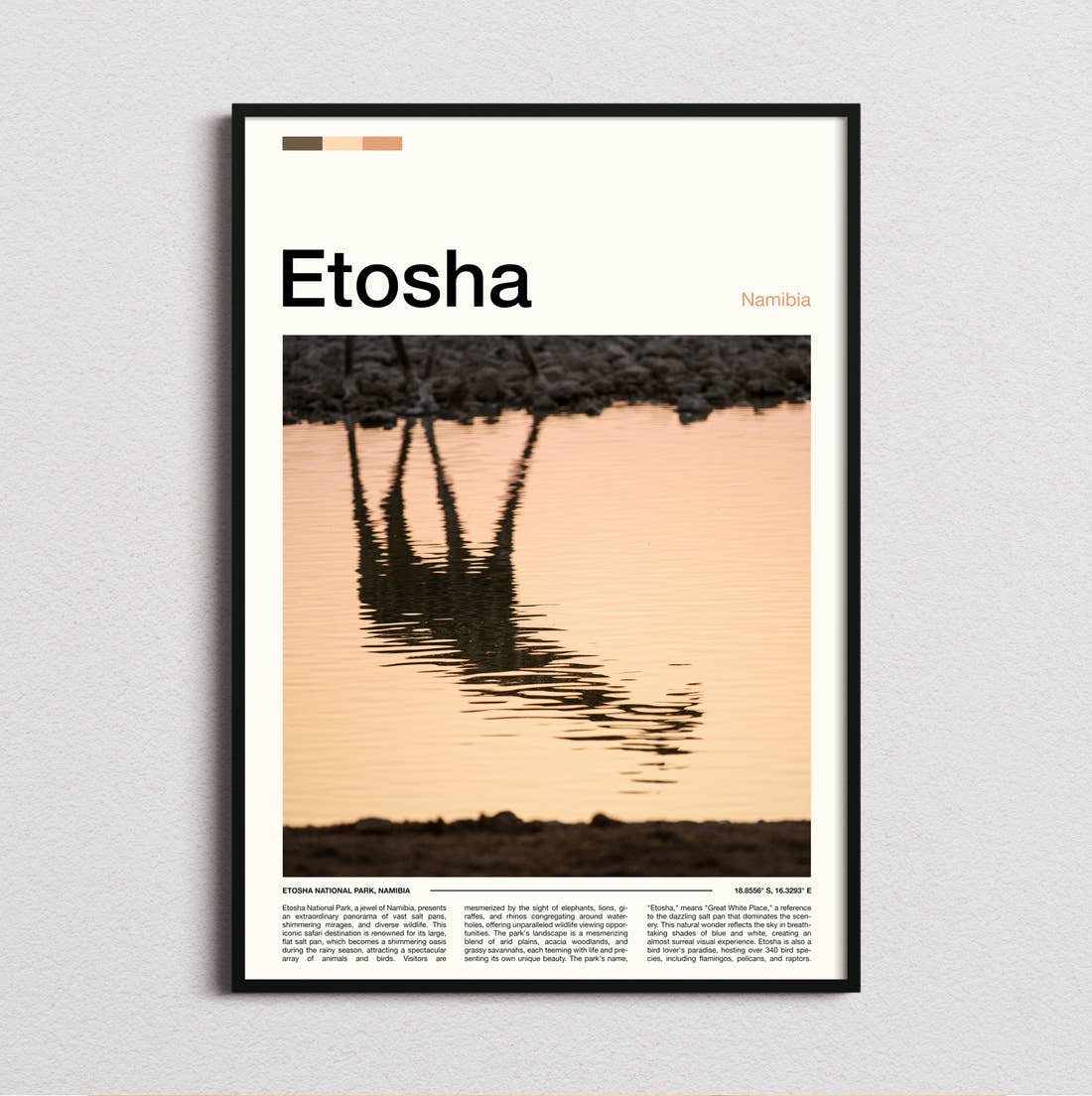 Etosha Giraffe Reflection Travel Print framed and photographed straight on