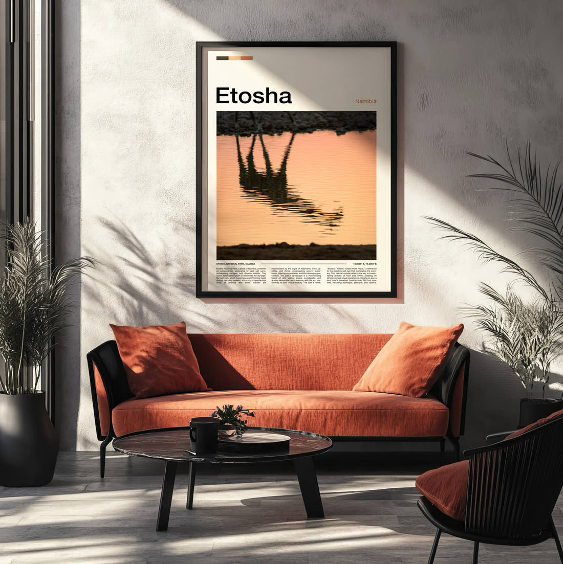 Etosha Giraffe Reflection Travel Print framed on the wall of a modern living room
