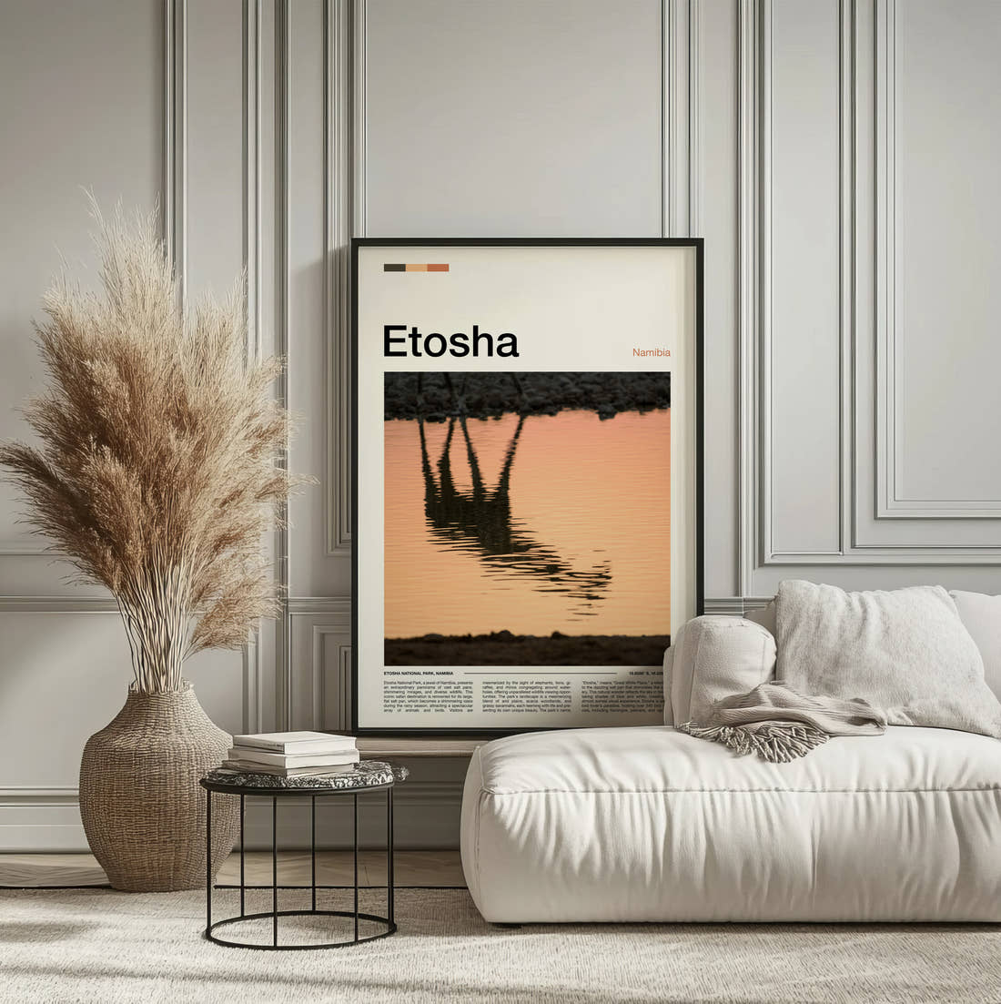 Etosha Giraffe Reflection Travel Print framed on the wall of a calm, neutral bedroom