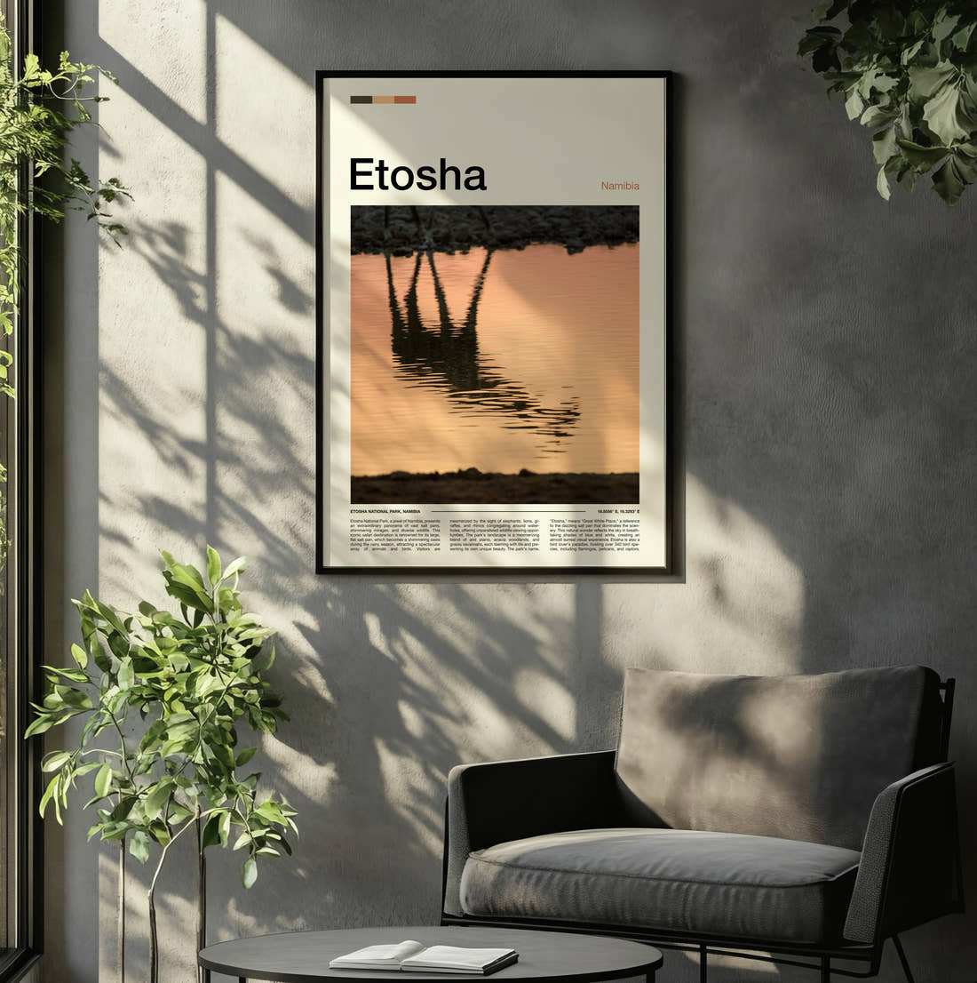 Etosha Giraffe Reflection Travel Print framed on the wall of a relaxed living room