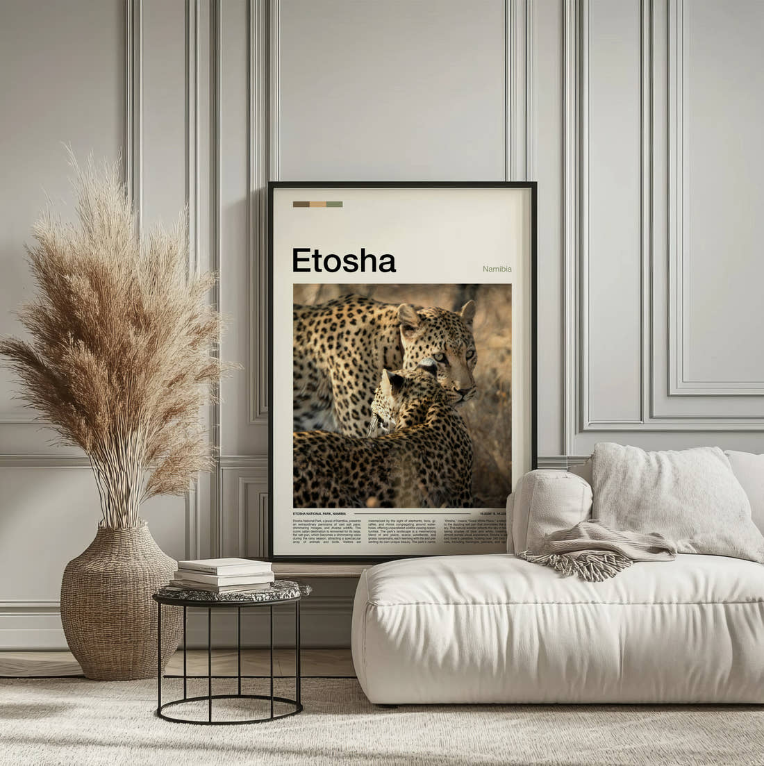 Etosha Two Leopards Travel Print framed on the wall of a calm, neutral bedroom