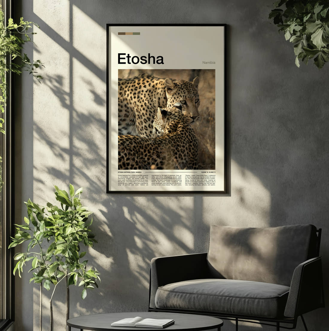 Etosha Two Leopards Travel Print framed on the wall of a relaxed living room