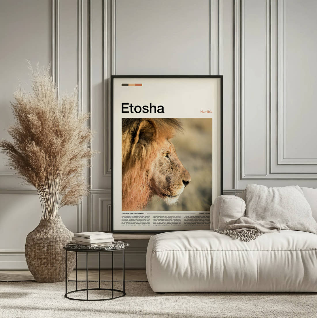 Etosha Lion Portrait Travel Print framed on the wall of a calm, neutral bedroom
