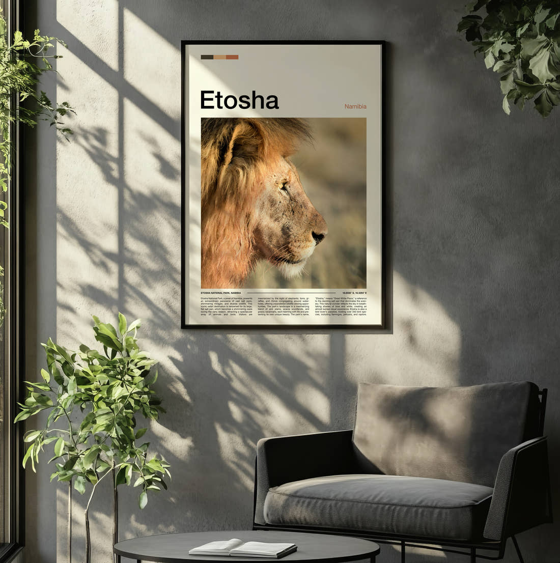 Etosha Lion Portrait Travel Print framed on the wall of a relaxed living room