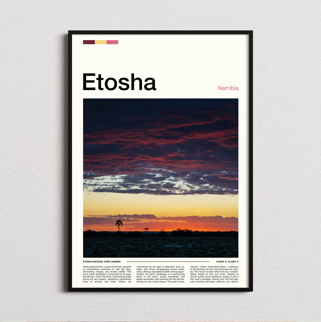 Etosha Dramatic Sunset Sky Travel Print framed and photographed straight on