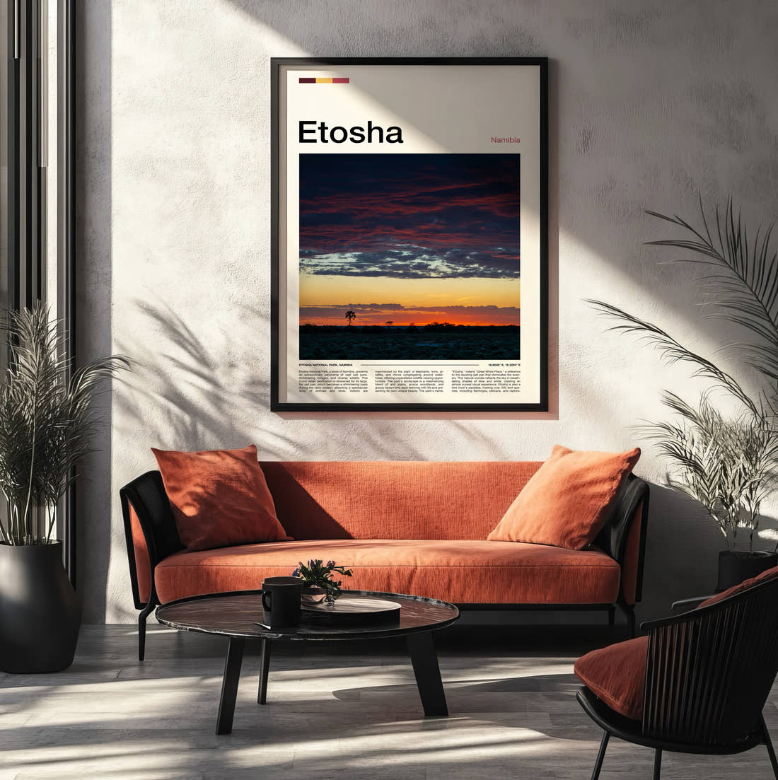 Etosha Dramatic Sunset Sky Travel Print framed on the wall of a modern living room