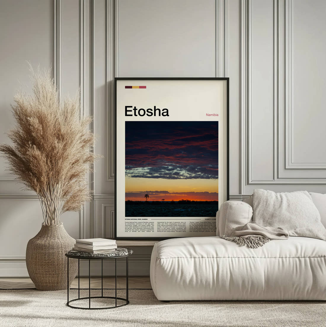 Etosha Dramatic Sunset Sky Travel Print framed on the wall of a calm, neutral bedroom