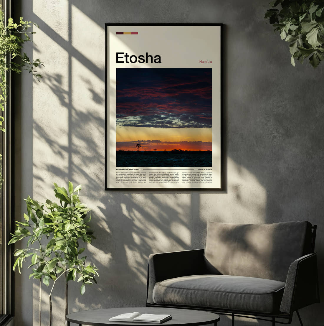Etosha Dramatic Sunset Sky Travel Print framed on the wall of a relaxed living room