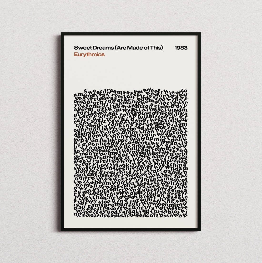Eurythmics Sweet Dreams (Are Made of This) Lyric Print in the cream colourway, framed