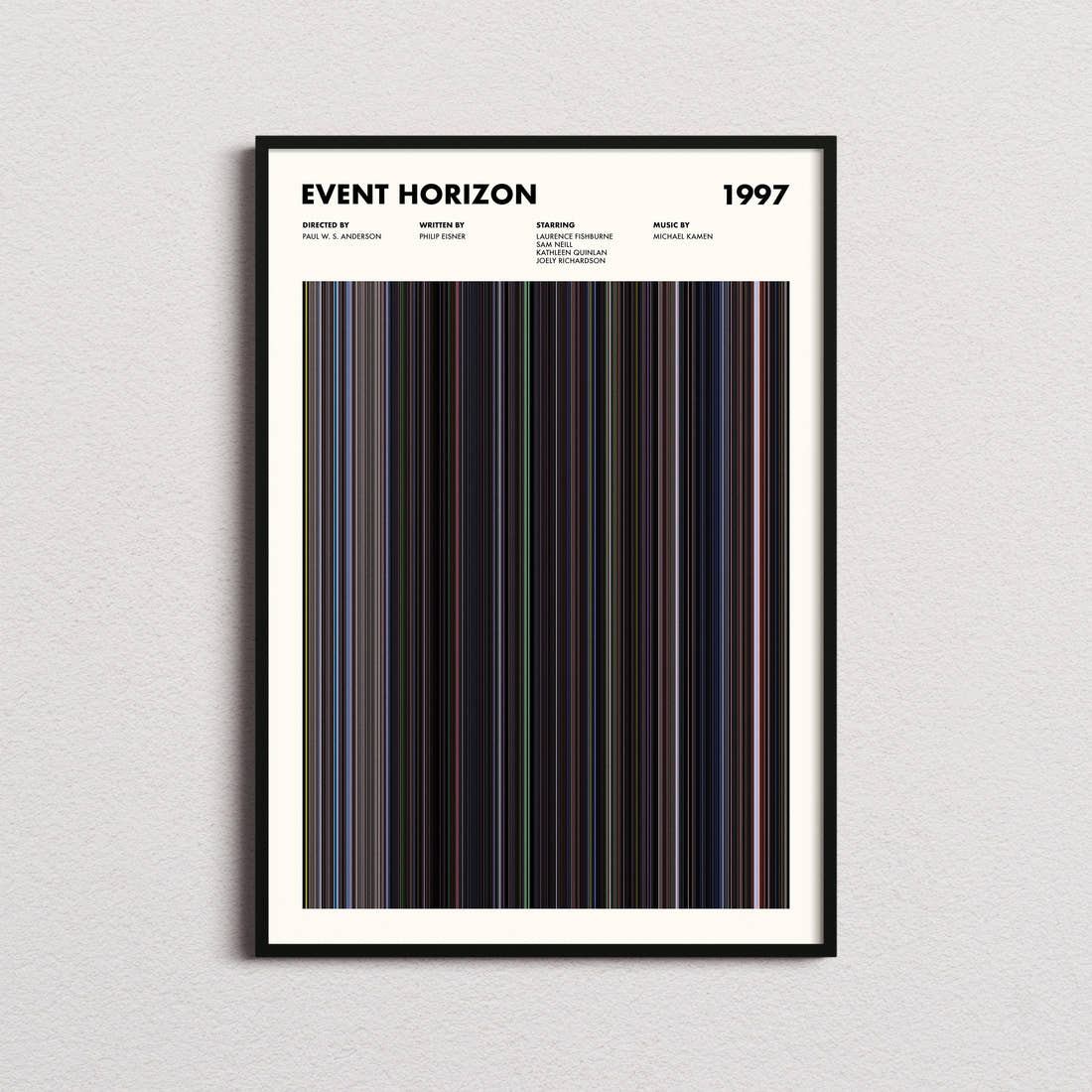 Event Horizon Movie Barcode Poster framed on a plain studio wall