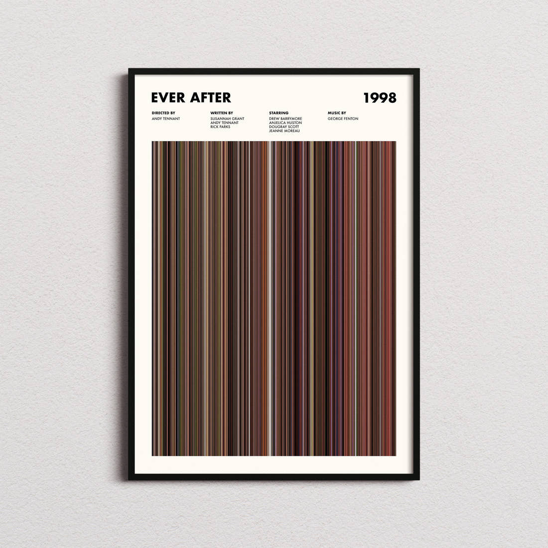 Ever After Movie Barcode Poster framed on a plain studio wall