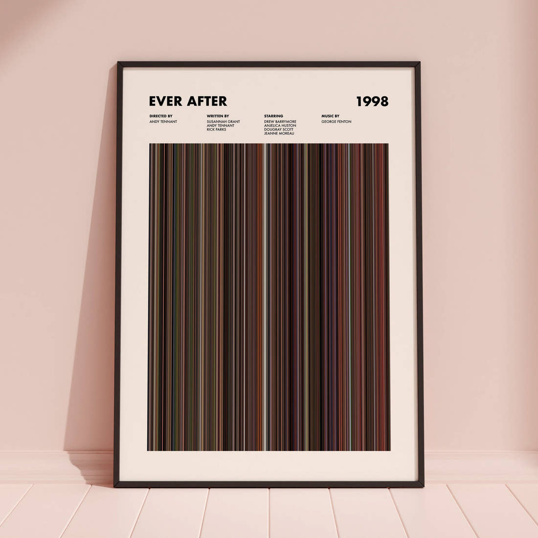 Ever After Movie Barcode Poster framed and leaning against a coloured wall