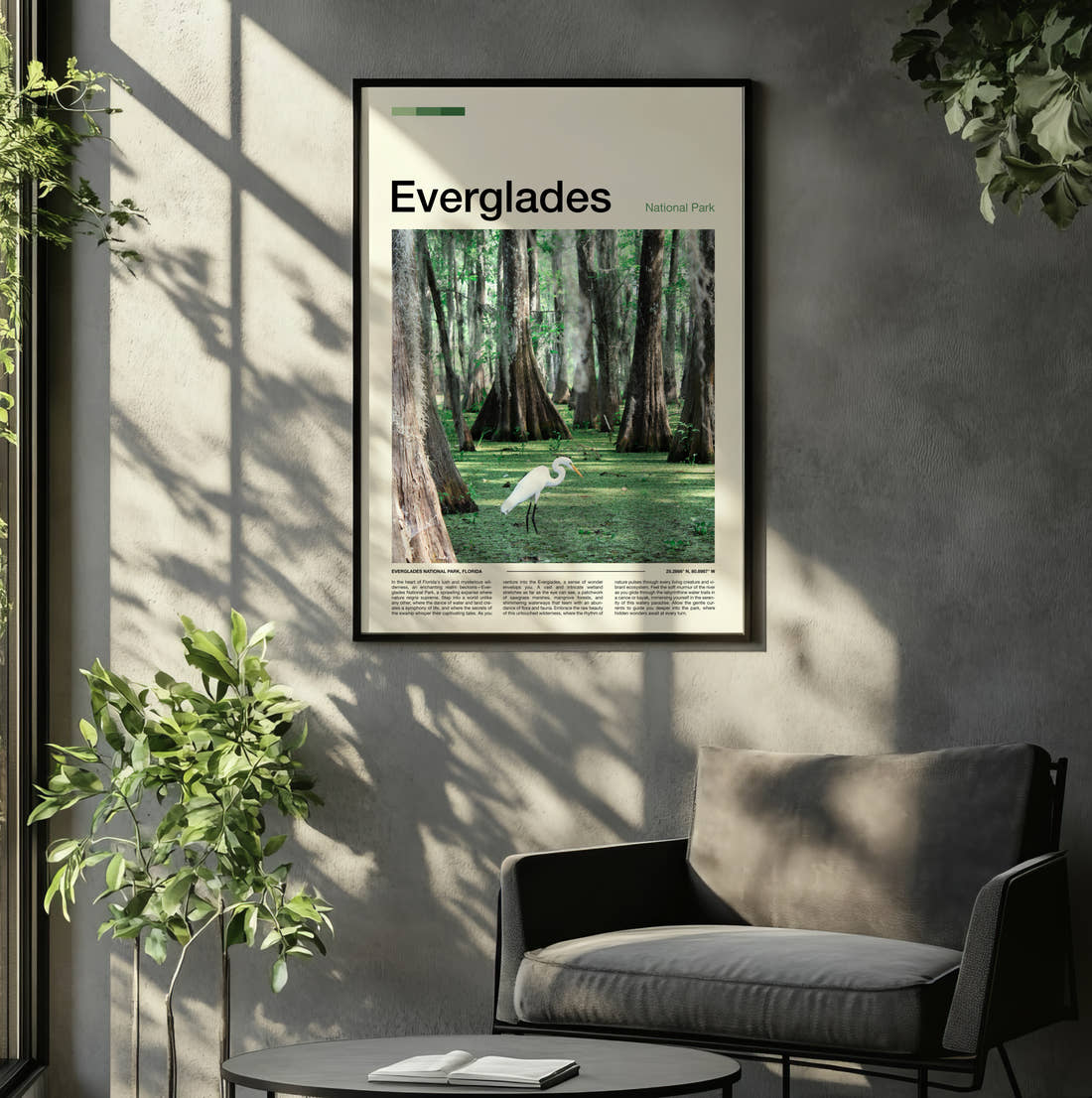 Everglades White Egret Travel Print framed on the wall of a relaxed living room