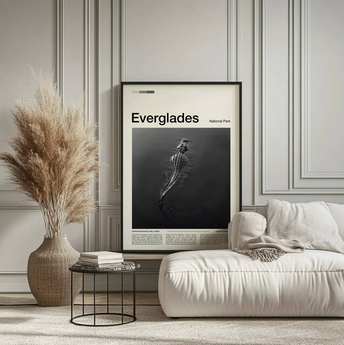 Everglades Alligator In The Water Travel Print framed on the wall of a calm, neutral bedroom
