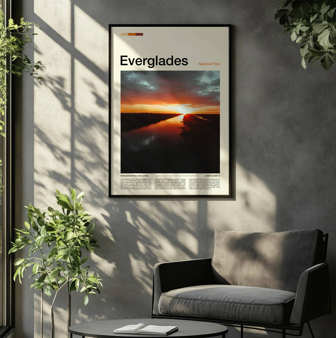 Everglades Sunset Over Water Travel Print framed on the wall of a relaxed living room