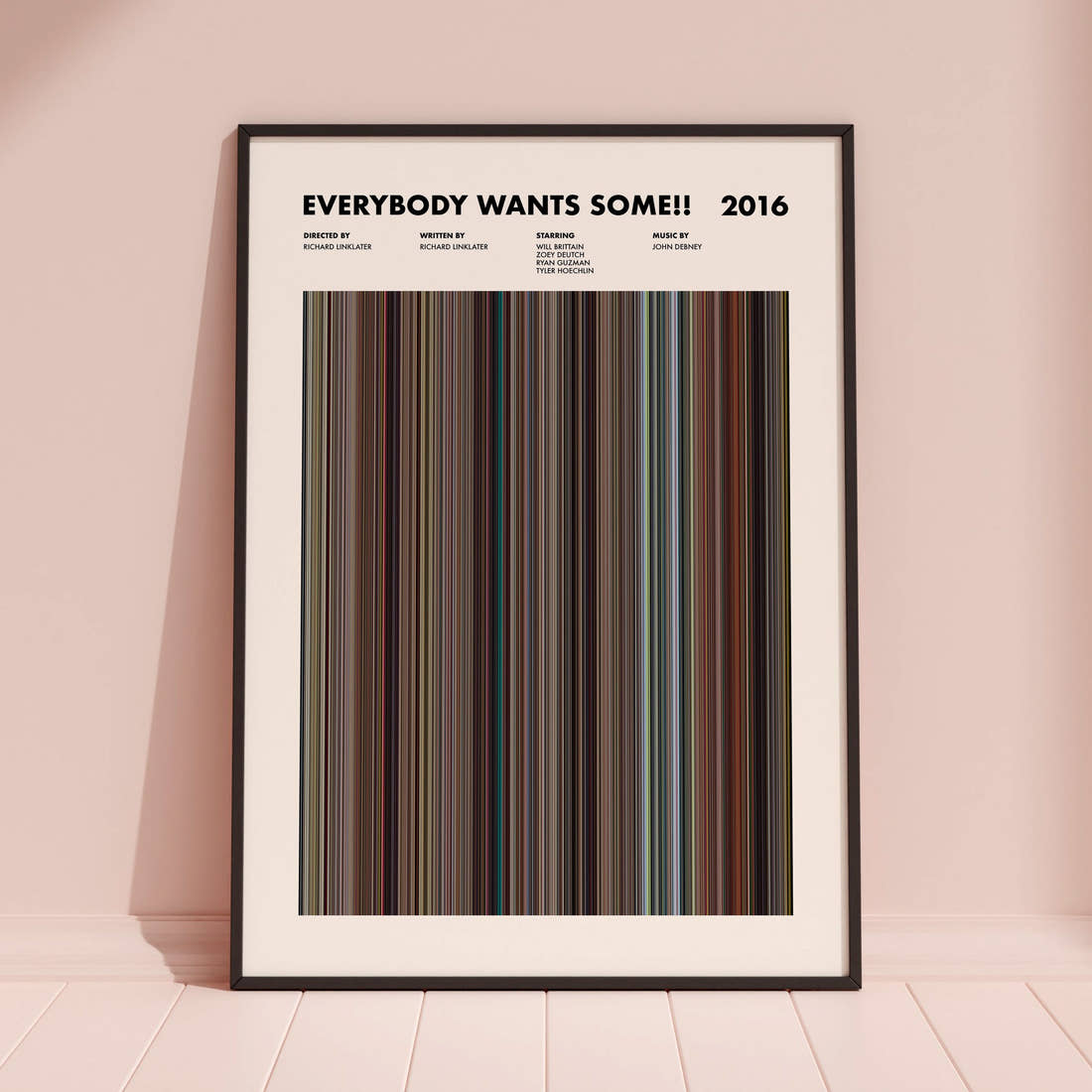 Everybody Wants Some!! Movie Barcode Poster framed and leaning against a coloured wall