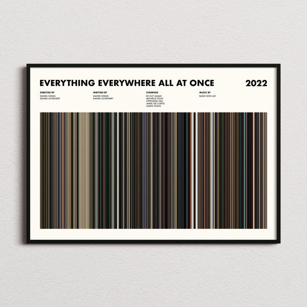 Everything Everywhere All At Once Movie Barcode Poster framed and photographed straight on