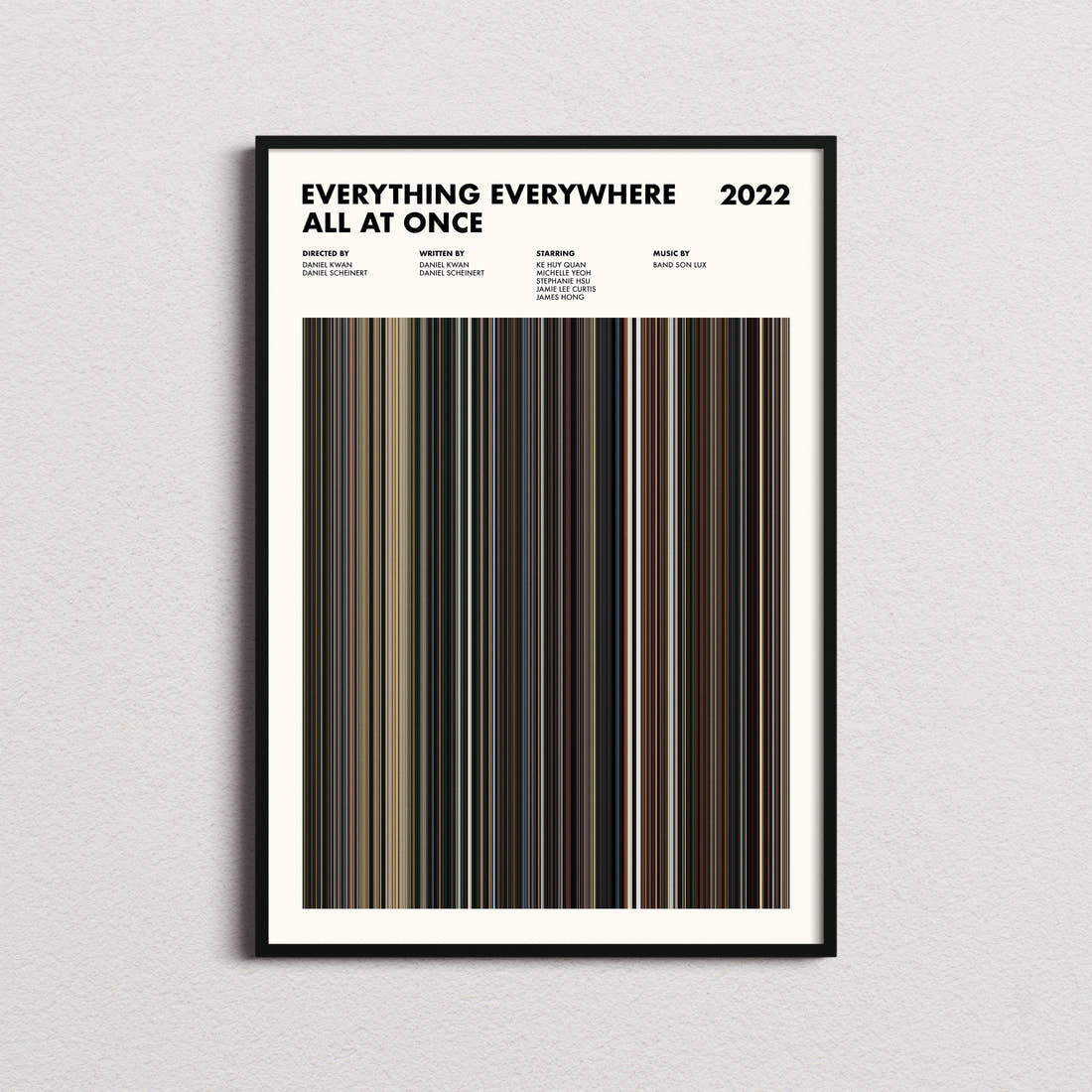 Everything Everywhere All At Once Movie Barcode Poster framed on a plain studio wall