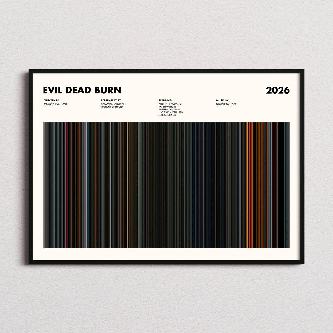 Evil Dead Burn Movie Barcode Poster framed and photographed straight on