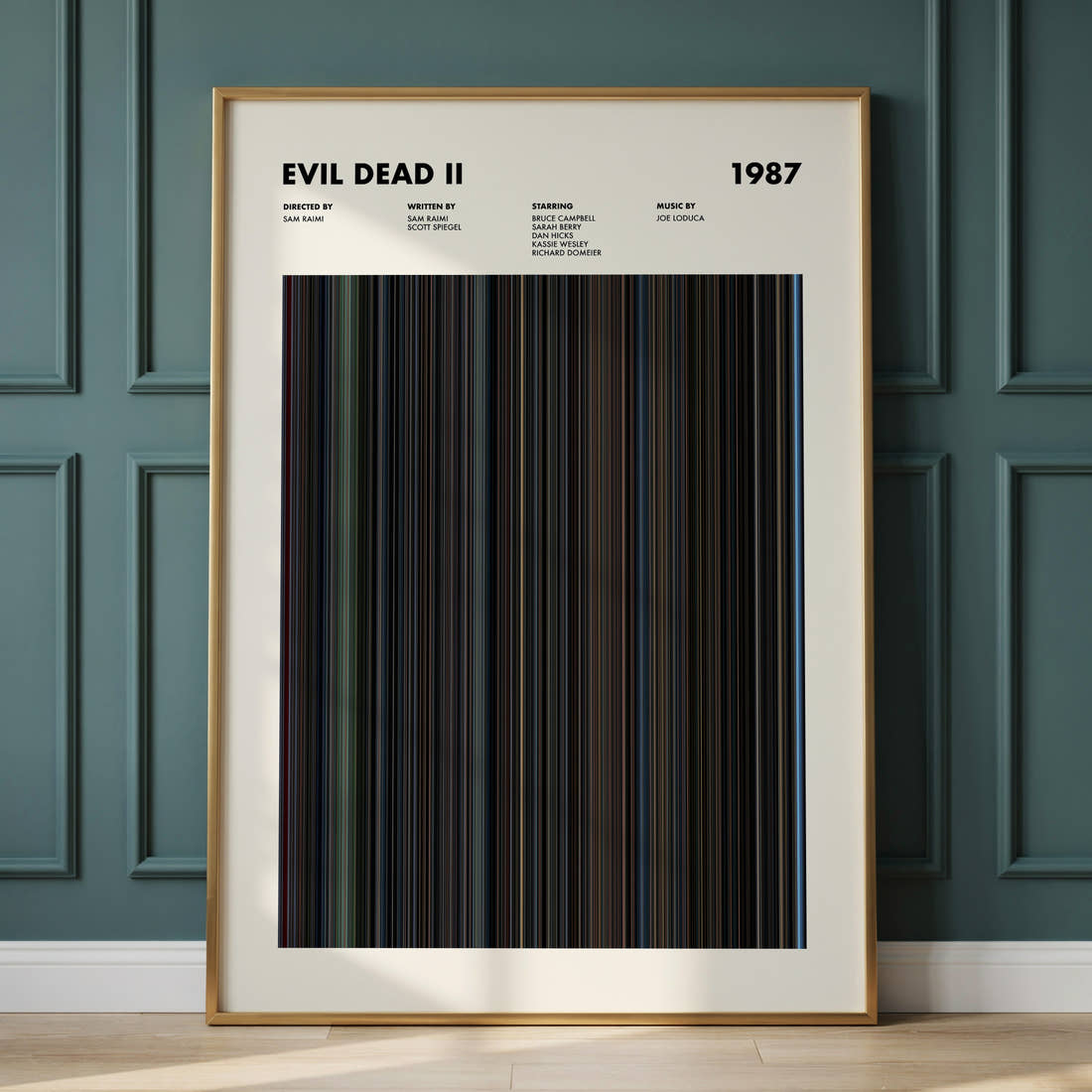 Evil Dead II Movie Barcode Poster framed and leaning against a panelled wall
