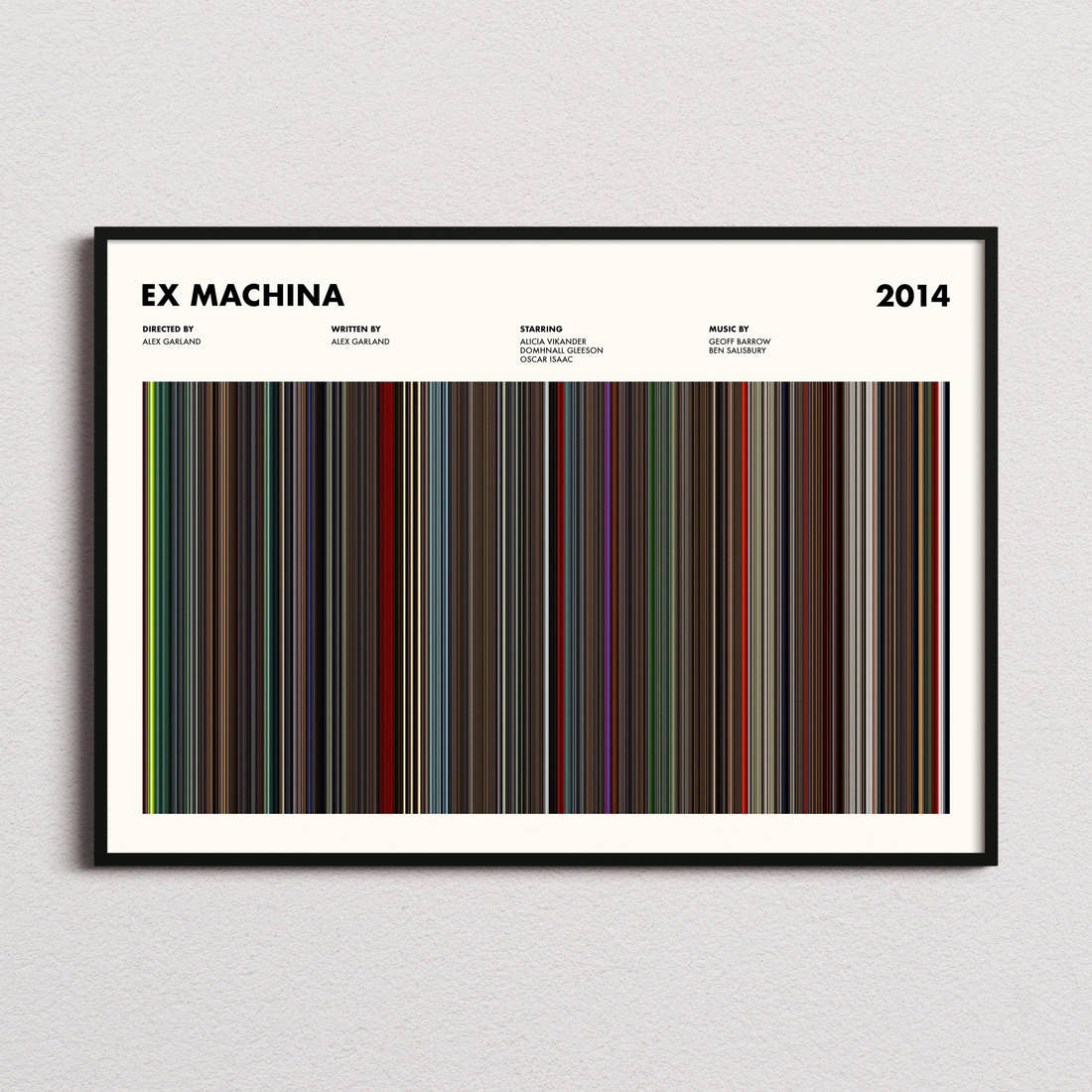 Ex Machina Movie Barcode Poster framed and photographed straight on