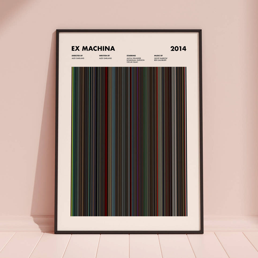 Ex Machina Movie Barcode Poster framed and leaning against a coloured wall
