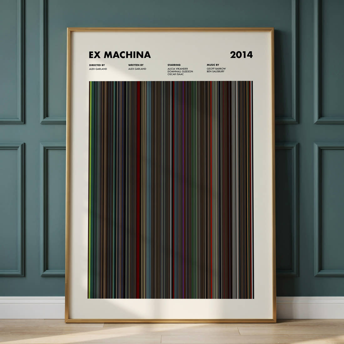 Ex Machina Movie Barcode Poster framed and leaning against a panelled wall