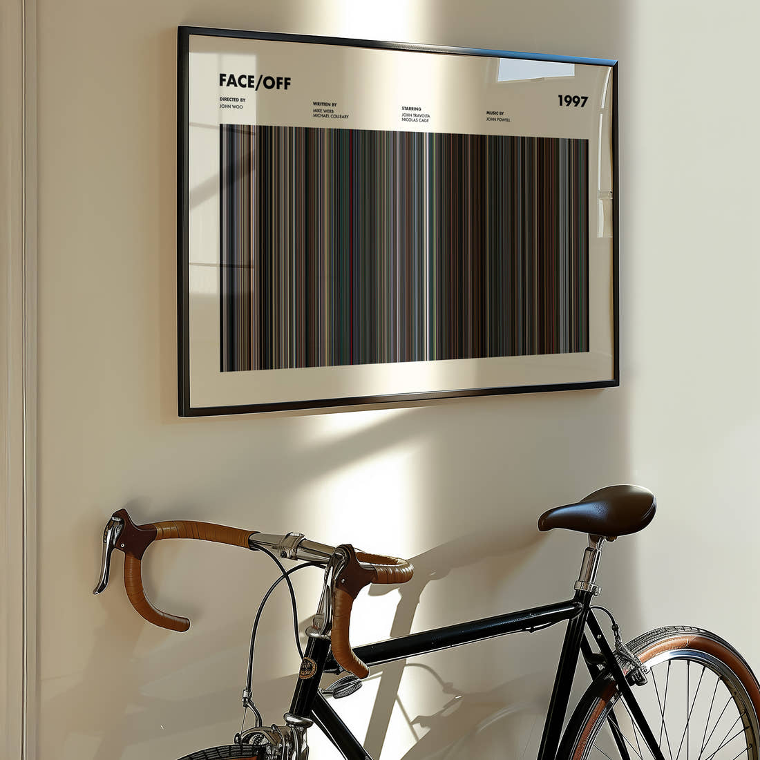 Face/Off Movie Barcode Poster framed on the wall of a styled room setting