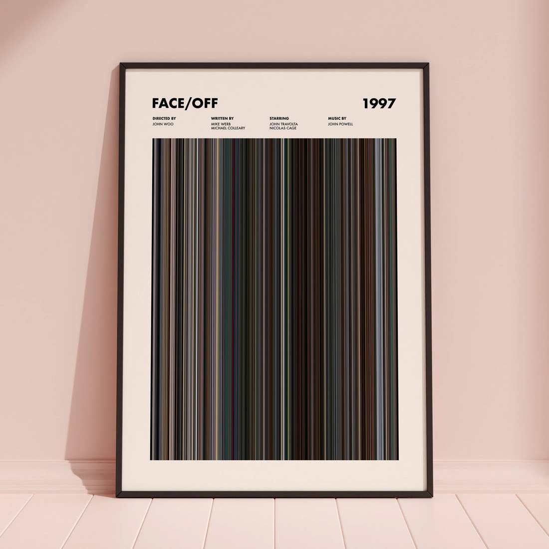 Face/Off Movie Barcode Poster framed and leaning against a coloured wall