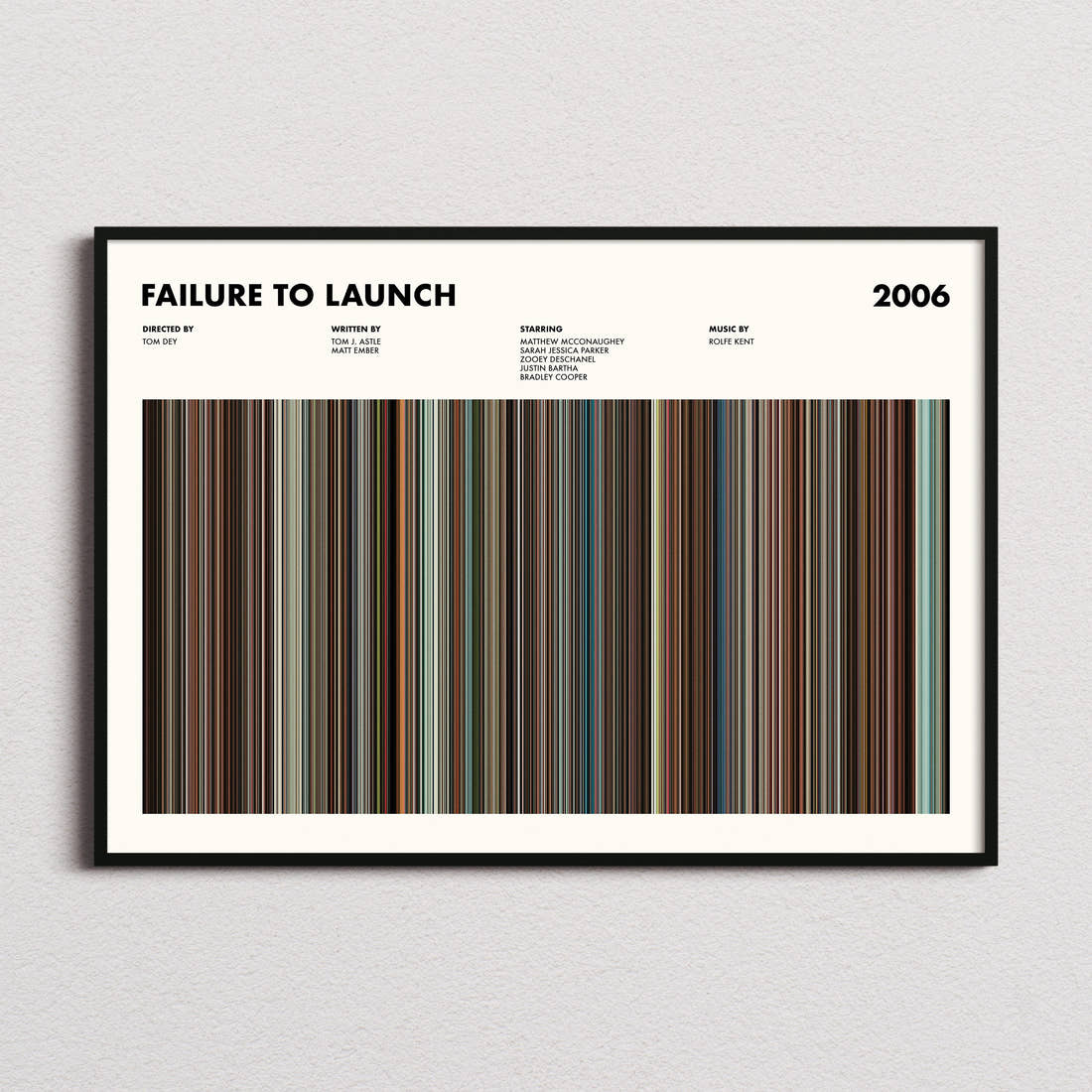 Failure to Launch Movie Barcode Poster framed and photographed straight on