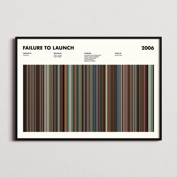 Failure to Launch Movie Barcode Poster framed and photographed straight on