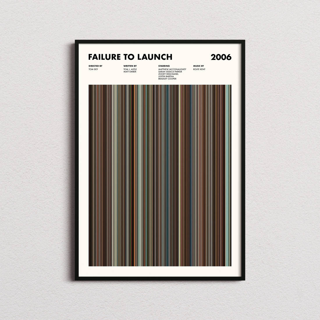 Failure to Launch Movie Barcode Poster framed on a plain studio wall