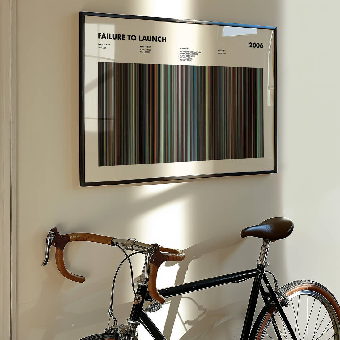 Failure to Launch Movie Barcode Poster framed on the wall of a styled room setting