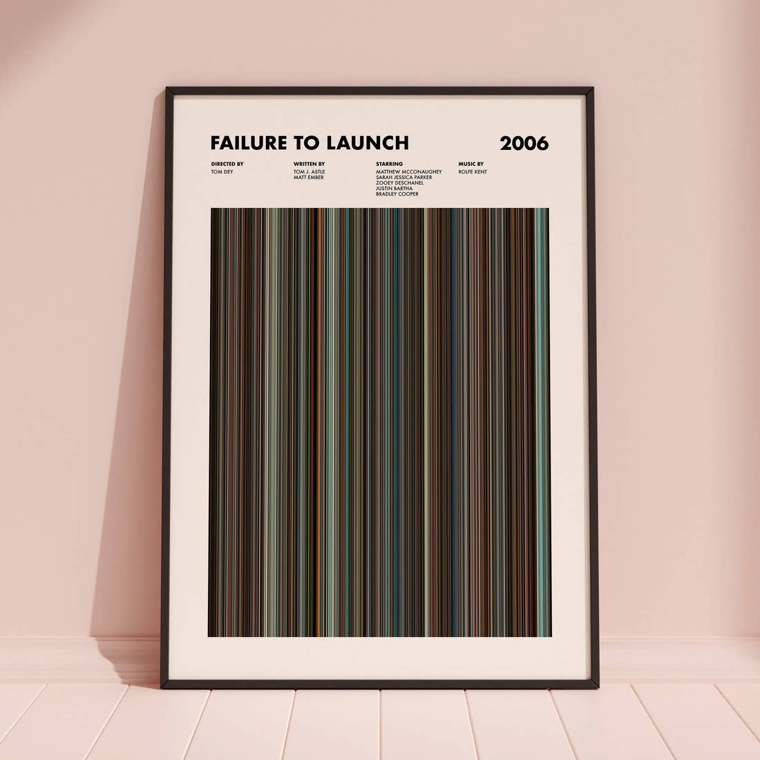 Failure to Launch Movie Barcode Poster framed and leaning against a coloured wall